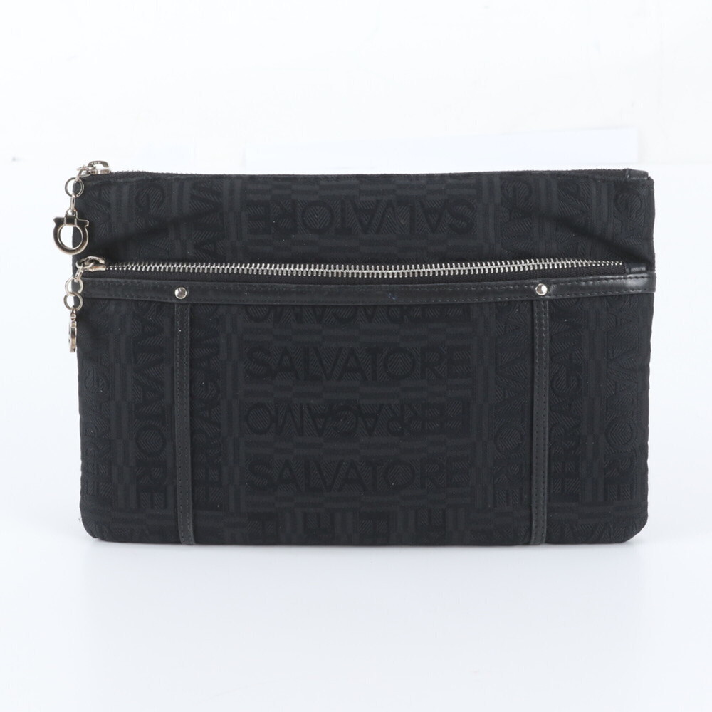 Salvatore Ferragamo Gancini Leather Clutch Bag Handbag Second Pouch Black Wom...